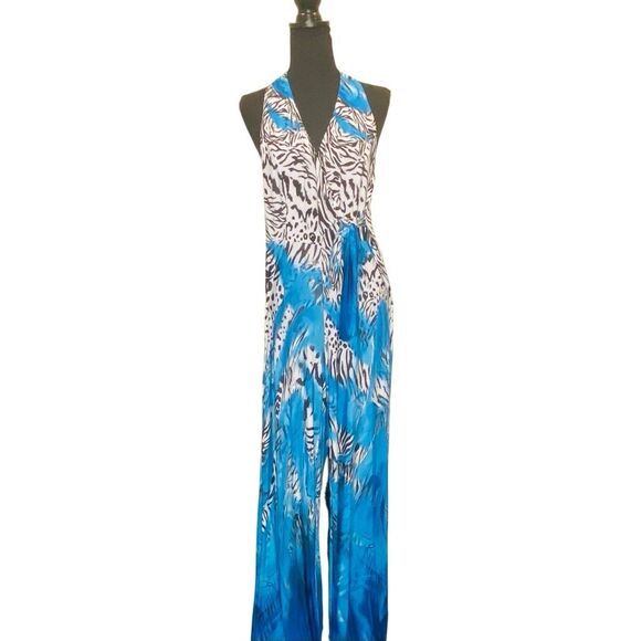 I.N.C. International Concepts Animal Print Halter Jumpsuit Blue Black Small - Picture 1 of 6